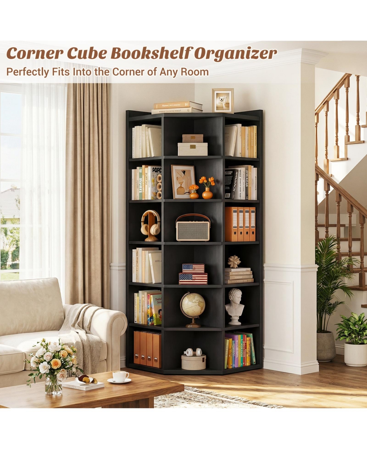 Aheaplus 6-Tier Corner Bookcase Cabinet with 18 Cubbies, Bookshelf Open Storage