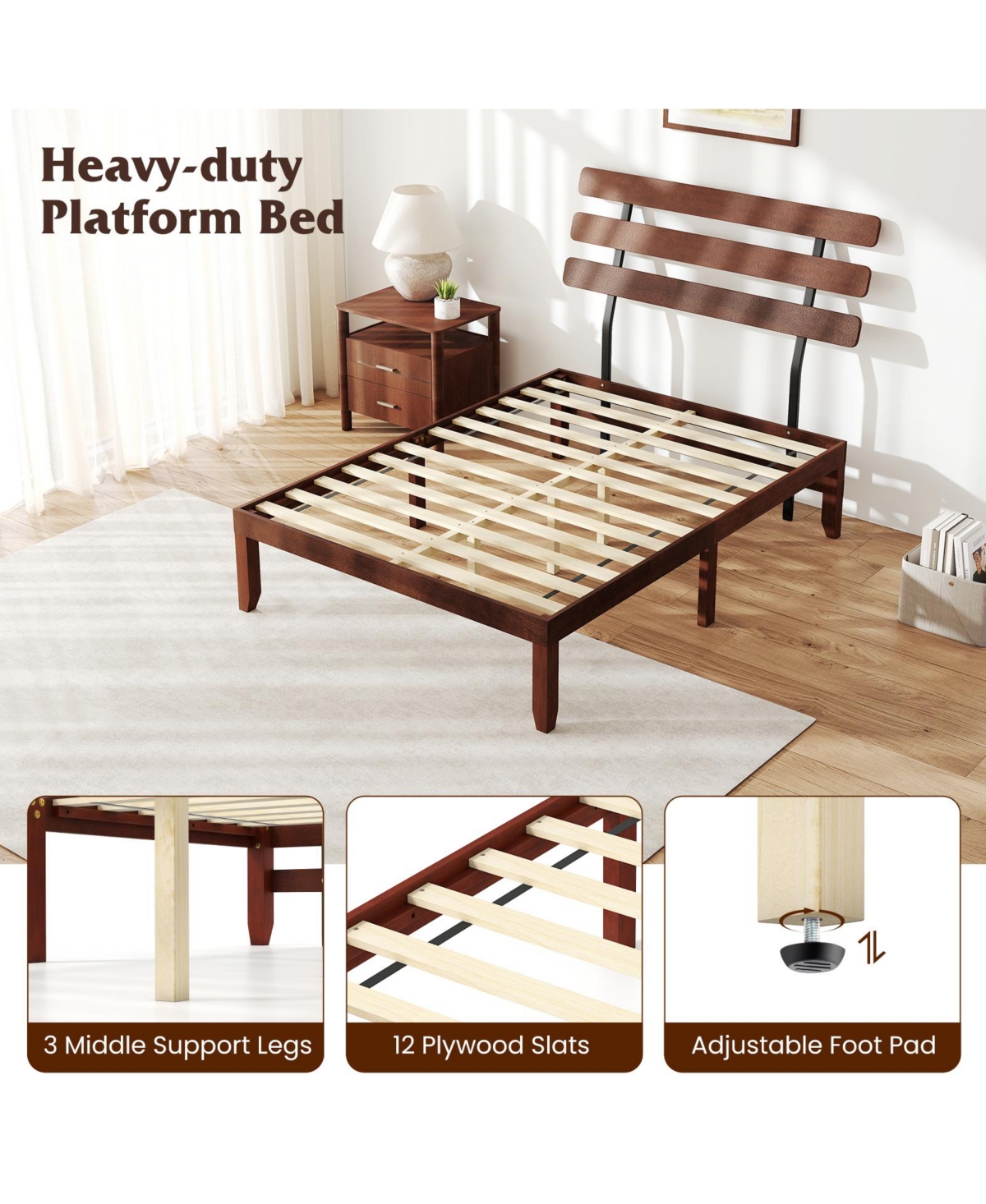 Slickblue Stylish Wooden Bed Frame with Retro Headboard