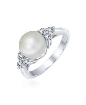 Party CZ Halo Side Stones Solitaire Freshwater Cultured Pearl Cocktail Ring .925 Sterling Silver