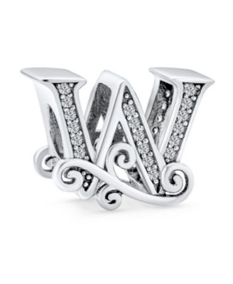 Initial Alphabet Bead Charm Fancy Scroll CZ Block Letter W for Bracelet .925 Sterling Silver