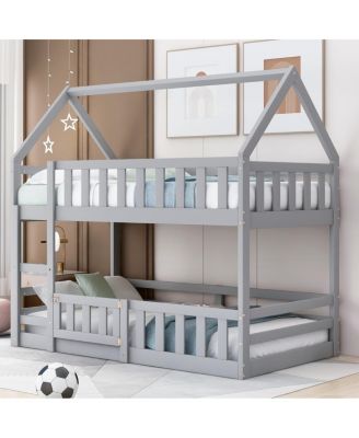 Twin over Twin House Bunk Bed with Fence and Door