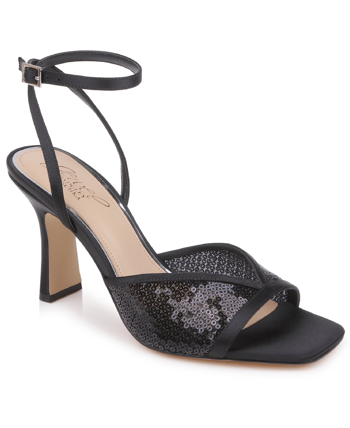 Jewel Badgley Mischka Women's Zaha Square Toe Dress Sandals - Black Satin