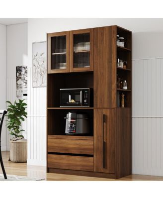 70.87 Inch Tall Kitchen Pantry Cabinet with Storage Shelves, Drawers and Glass Door