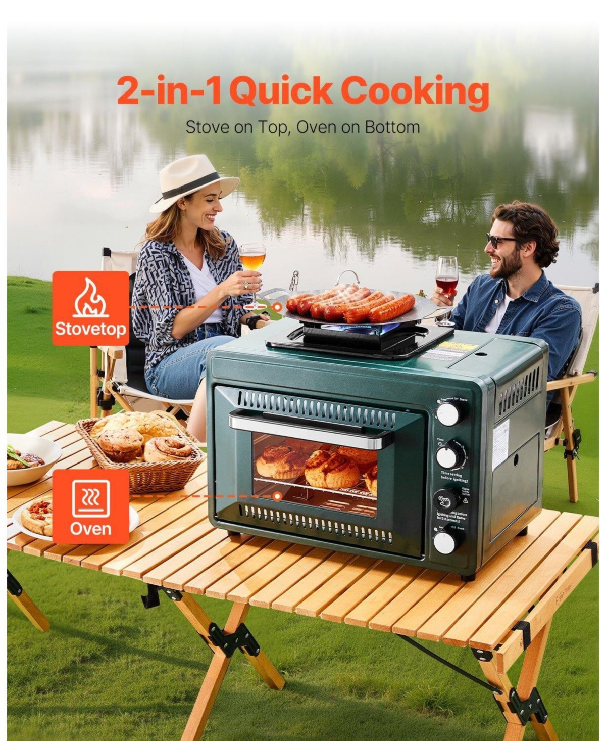 Cozito Outdoor Oven, 2-in-1 Portable Gas Camping Stove Oven Combo with 60-Minute Timer