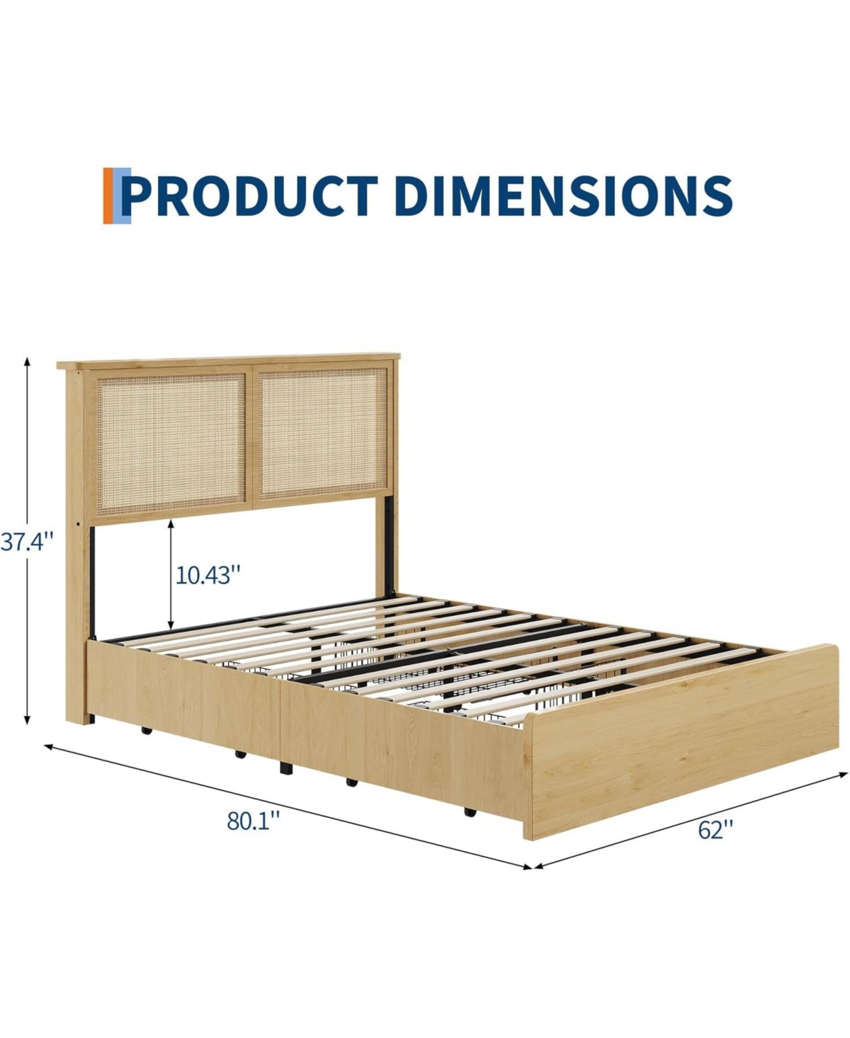 gaomon square rattan bed frame with 4 storage drawers, bohemian-style Led bed, natural headboard, slatted support, no spring mattress required