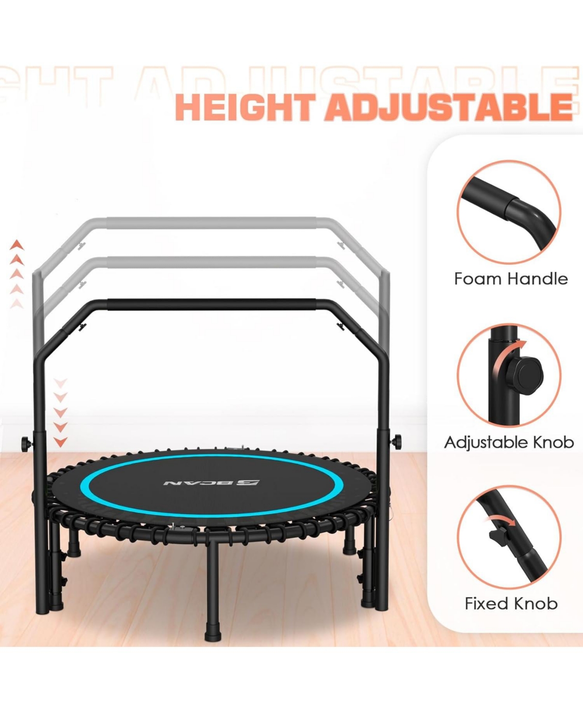 Bcan BT2 Mini Rebounder Trampoline with Handle, 450/550LBS Capacity, Bungee Fitness, Adjustable and Quiet, 40/48 Inch