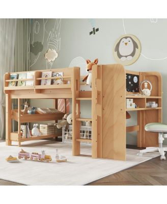 Solid Wood Low Loft Bed with Desk, Storage, and Blackboard