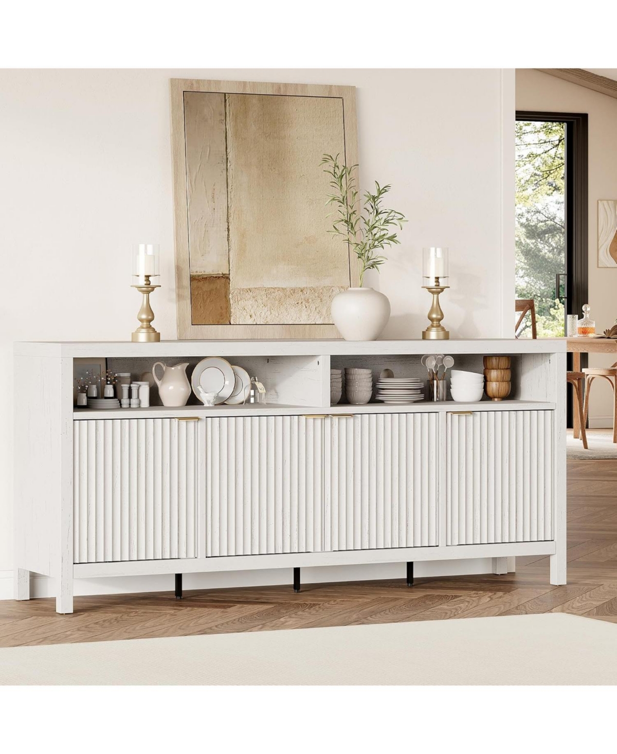 gaomon Sideboard Buffet Cabinet with Storage,65" Fluted Cabinet with 4 Doors, Long Buffet Cabinet, Sideboard Storage Cabinet for Kitchen,Living Room