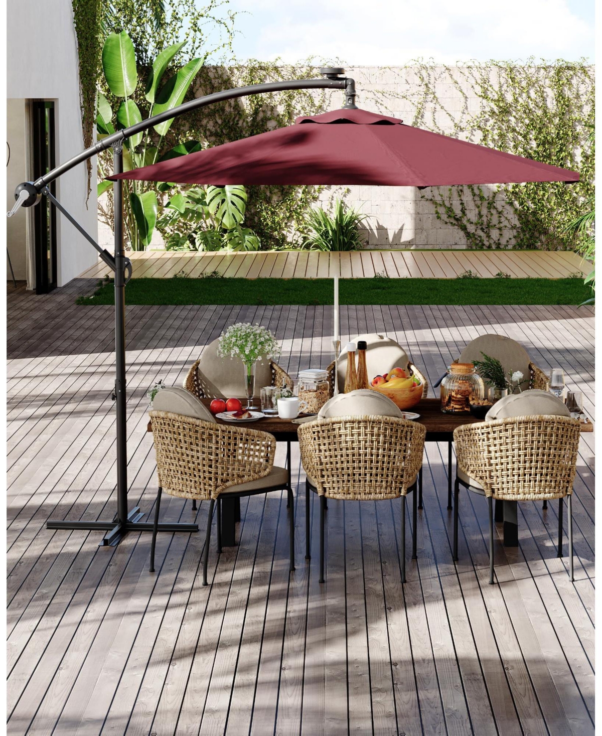 gaomon 10feet Outdoor 360degree(s) Rotation Offset Patio Umbrella with Base, Sun Protection for Deck, Poolside, Backyard