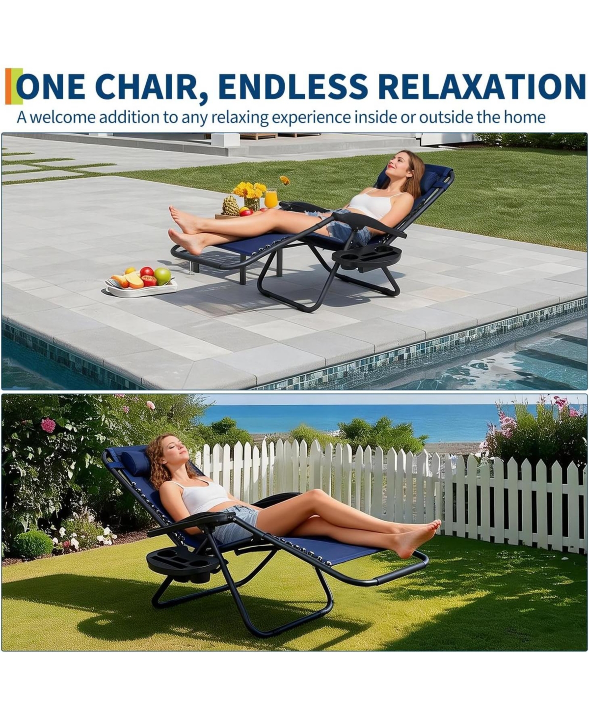 gaomon Set of 2 Blue Reclining Lounge Chairs, Heavy Duty Folding Patio Chairs with Pillow and Cup Holder for Pool, Beach, Backyard