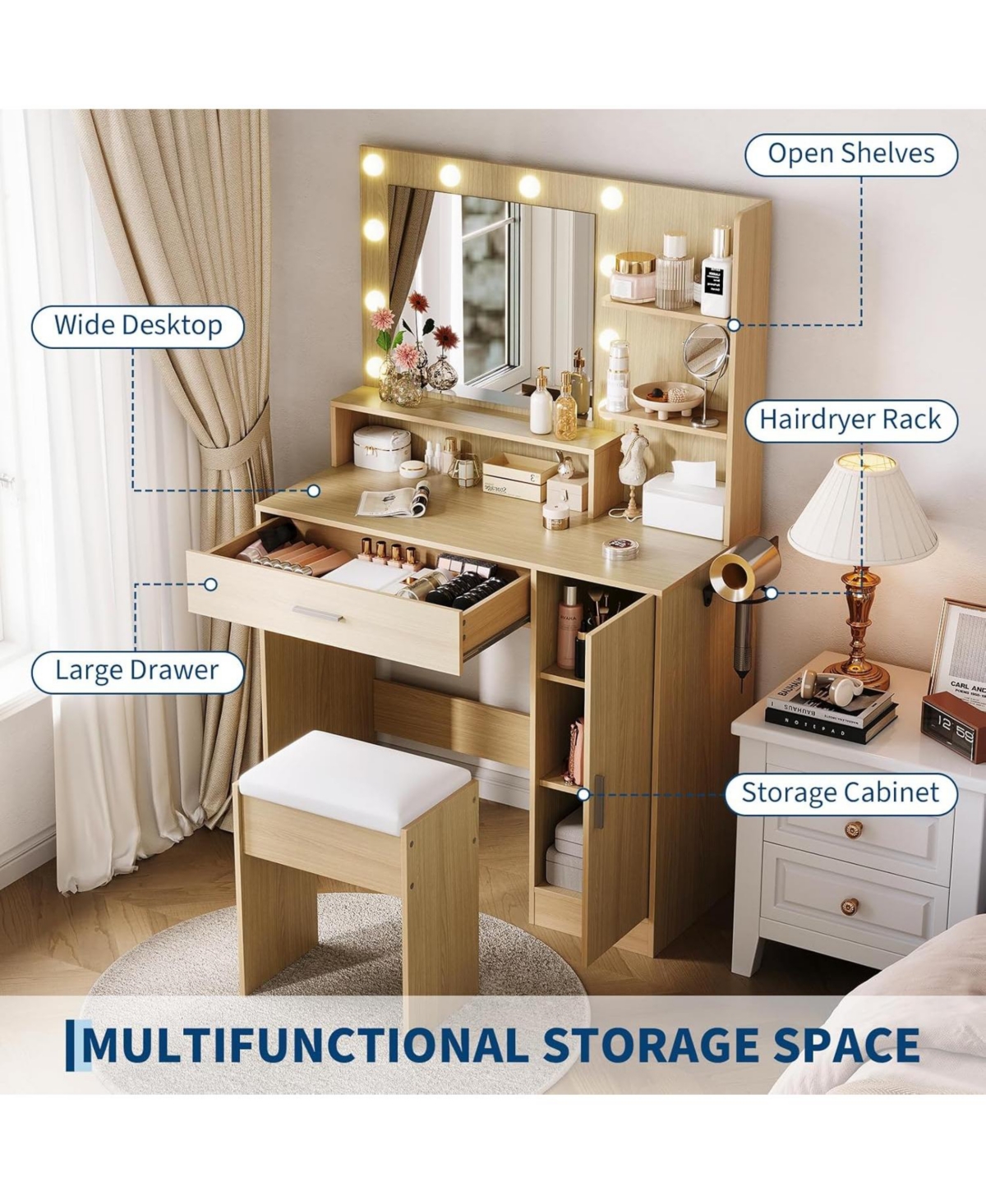 gaomon Modern Vanity Desk with Mirror and Led Lights, Makeup Dressing Table with Power Outlet and Storage Shelves, Vanity Set for Bedroom