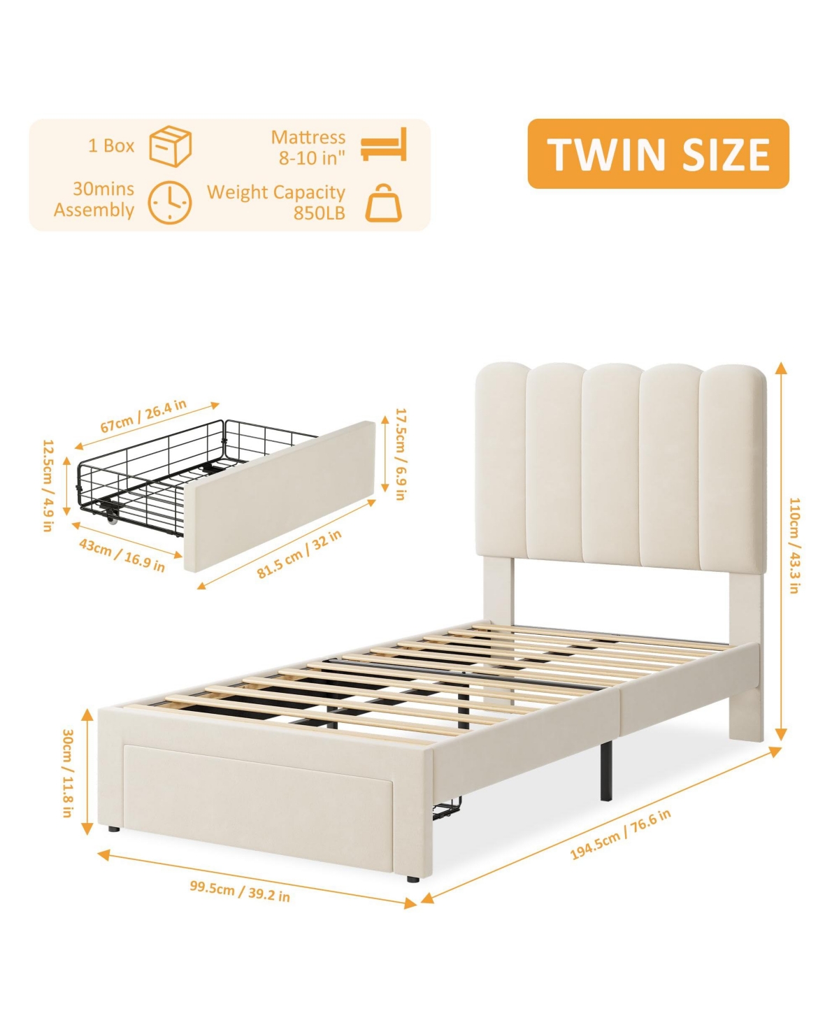 homfan Twin Bed Frame with Under-Bed Drawer, Boucle Upholstered Platform Wave Headboard for Kids/Girls, Wooden Slats Support