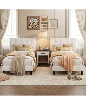 2 Set of Twin Size Velvet Upholstered Platform Bed Frame with Adjustable Tufted Headboard, No Box Spring Needed