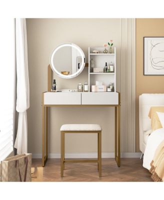 Small Vanity Desk with LED Mirror, Power Outlet, and Stool