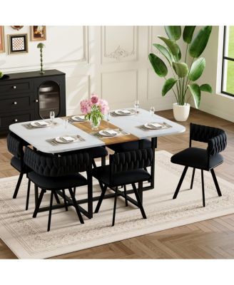 7 Piece Rectangular Faux Marble Dining Set with 6 Velvet Chairs