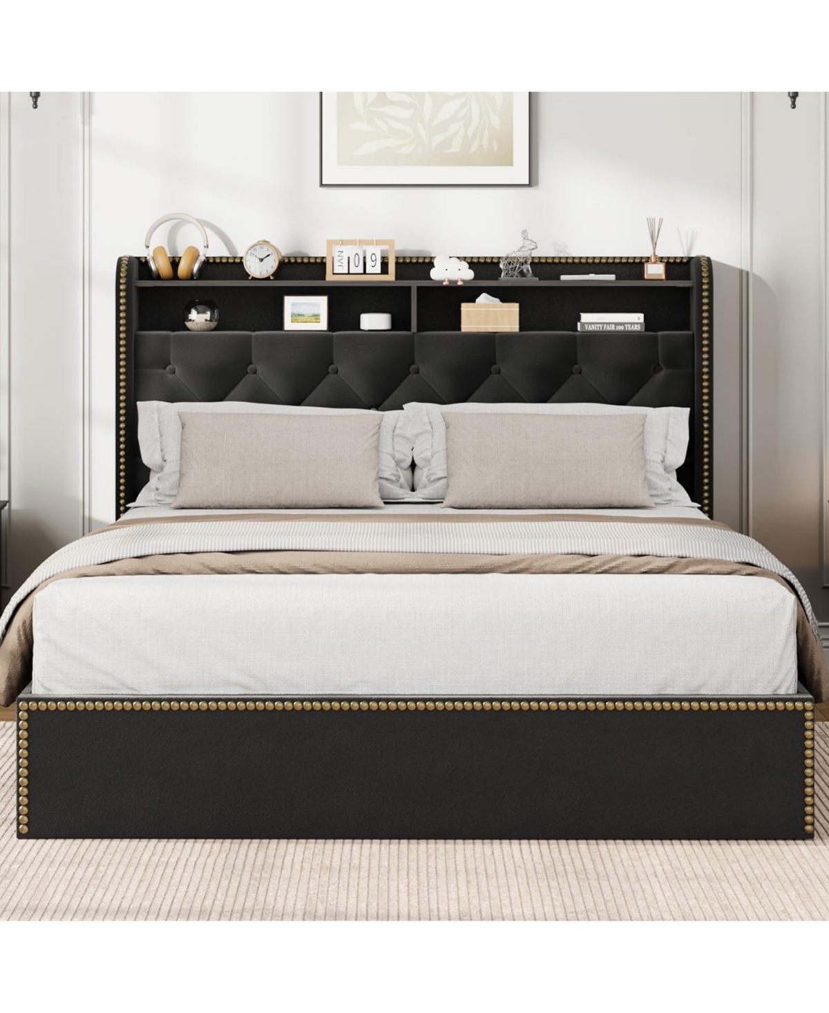 homfan Velvet Bed Frame with 4 Storage Drawers