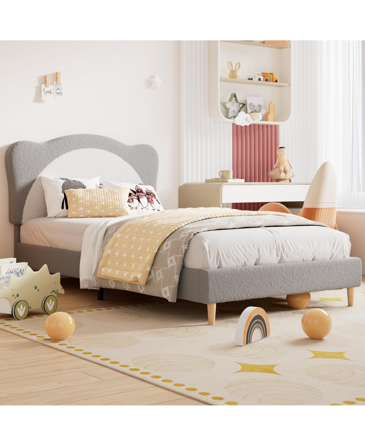 homfan Velvet Platform Bed Frame, Full Size Upholstered Bed with Cute Headboard, Wood Slats, No Box Spring Needed, Toddler and Teen