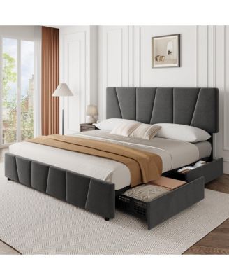 Homfan Modern Linen Upholstered Bed Framewith 4 Storage Drawers Adjustable Headboard No Box Spring Needed For Bedroom Easy Assembly