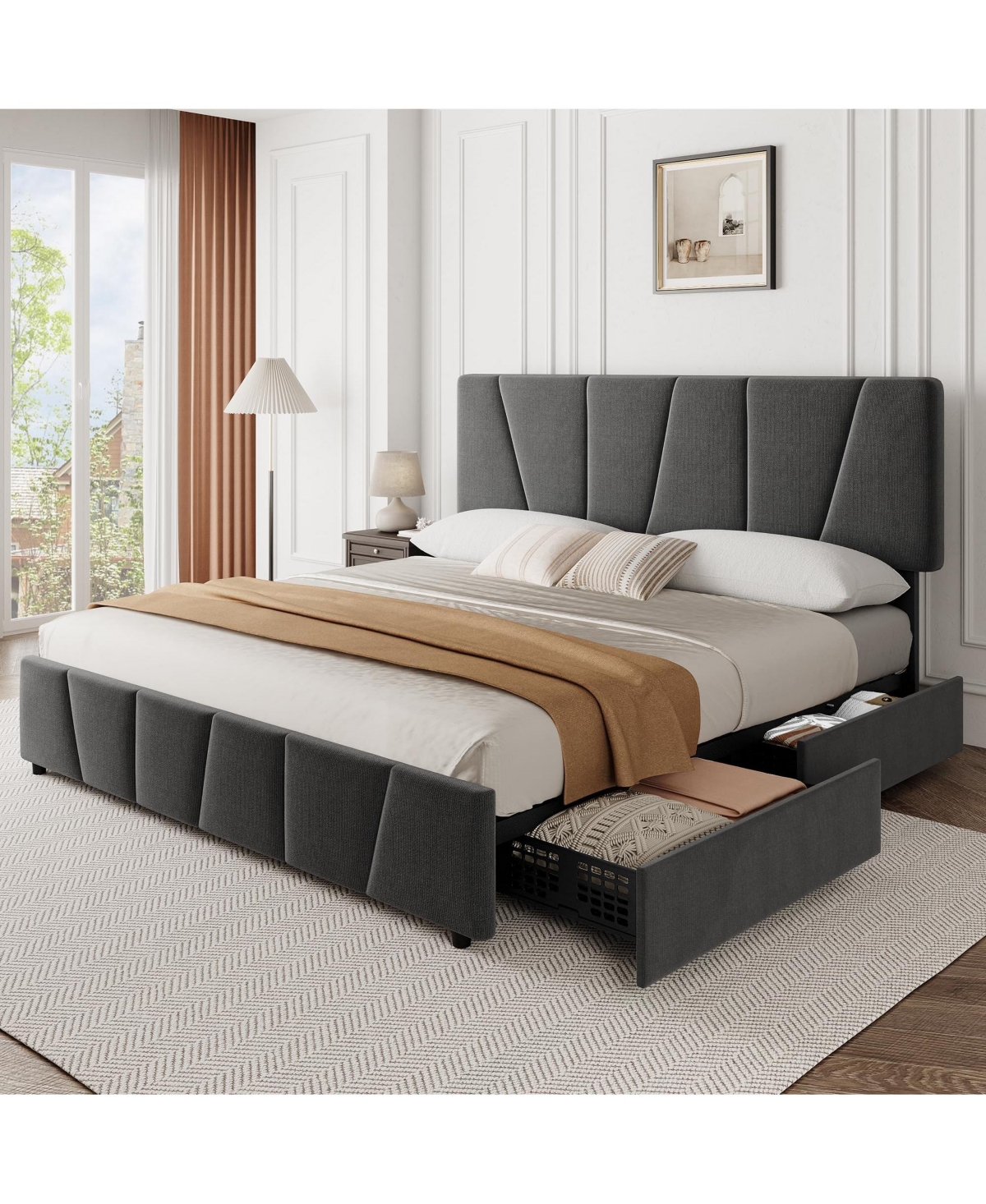 homfan Modern Linen Upholstered Bed Frame,with 4 Storage Drawers, Adjustable Headboard, No Box Spring Needed, for Bedroom