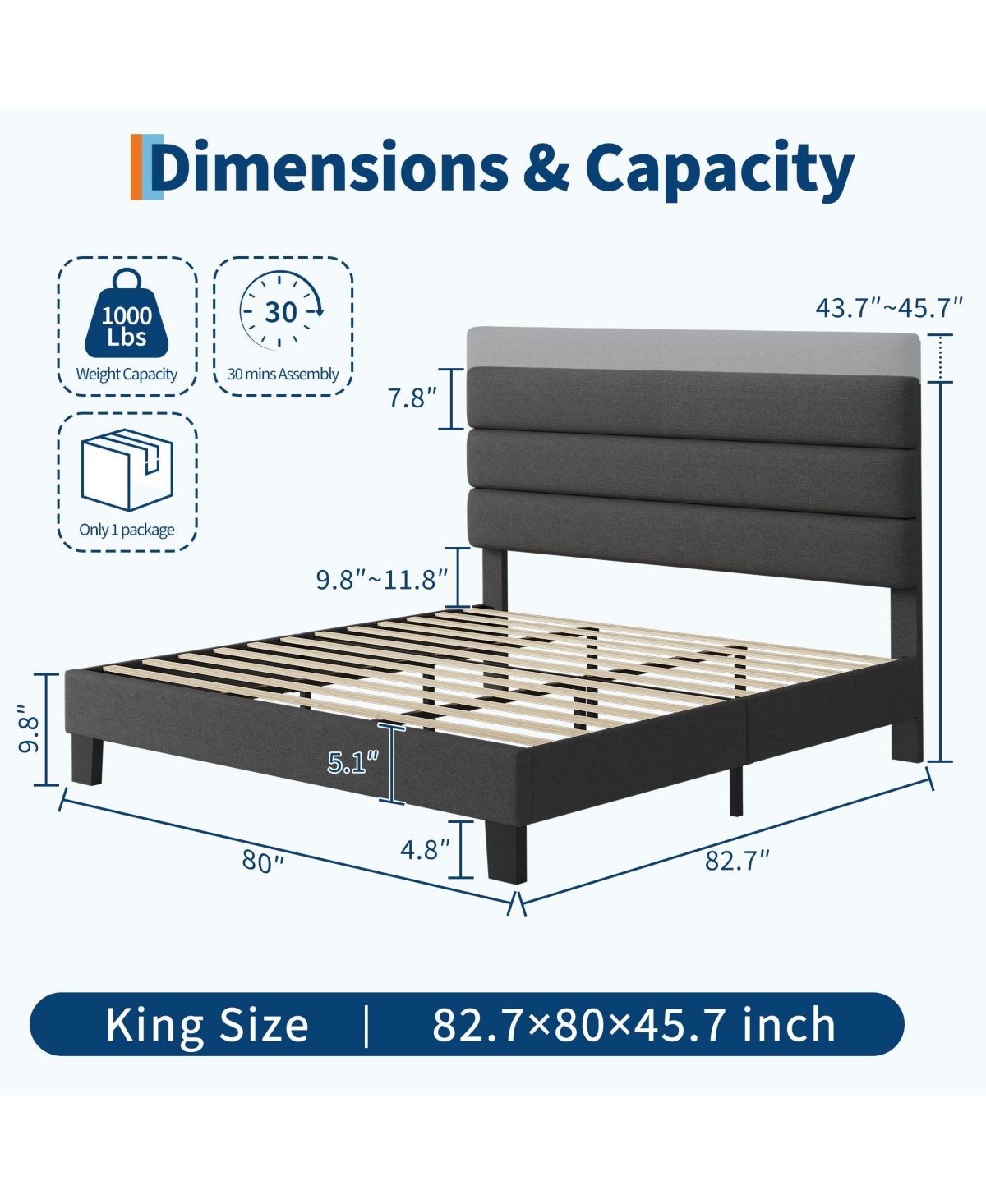 homfan Modern Platform Bed Frame, Adjustable Linen Headboard, Heavy Duty Wooden Slats, No Box Spring Needed