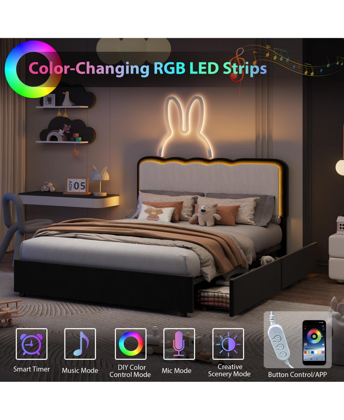 homfan Led Bed Frame with Storage Drawer and Adjustable Headboard, Velvet Princess Platform for Kids