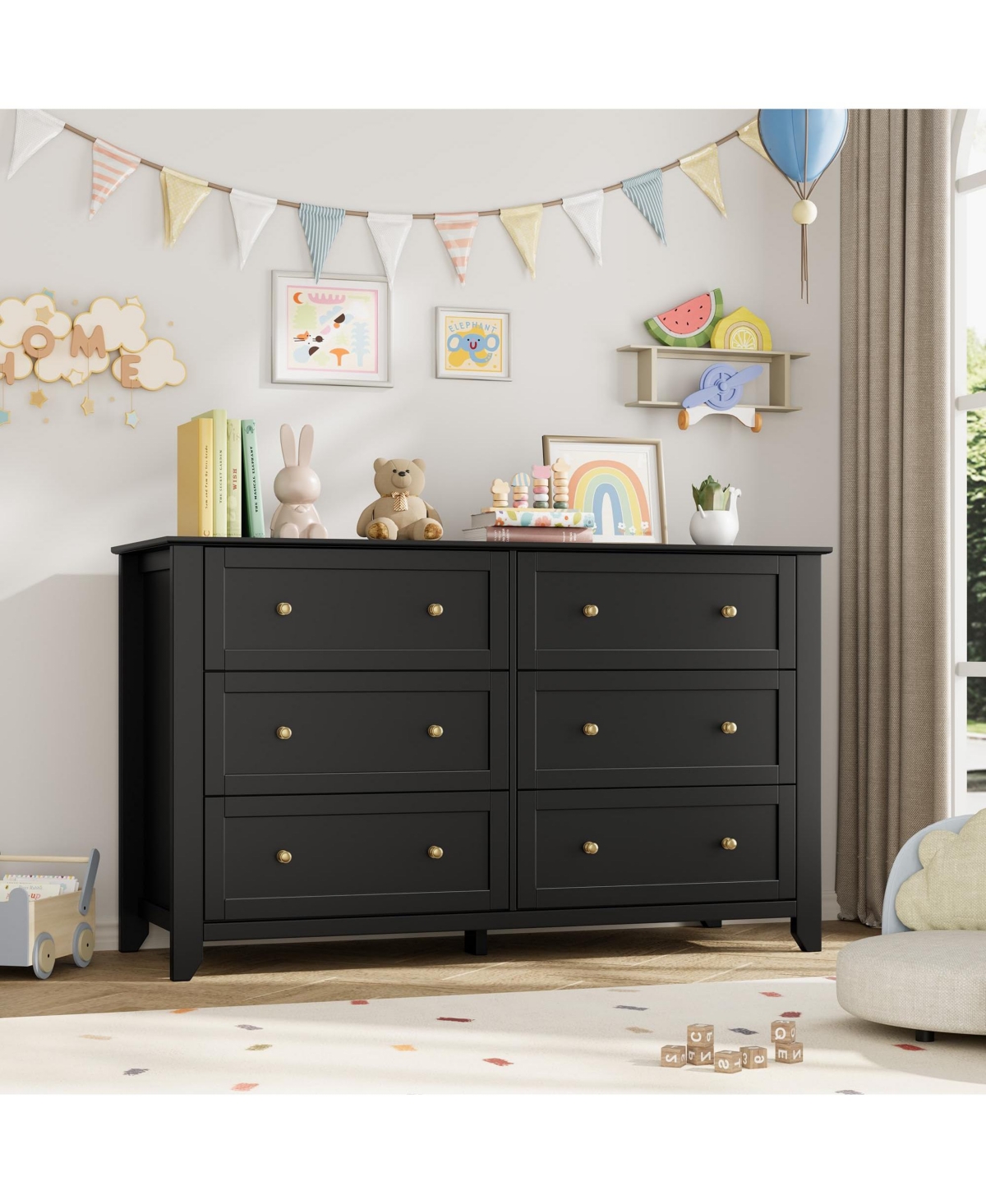 homfan Modern 6-Drawer Wide Dresser Chest with Metal Knobs, Lacquered Finish, Deep Drawer Storage for Bedroom, Entryway or Hallway