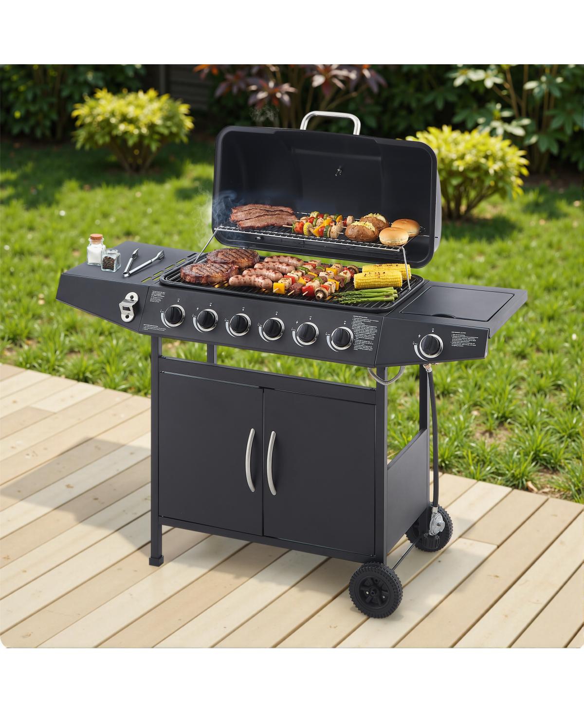Streamdale Furniture 6-Burner Propane Gas Bbq Grill with Side Burner and Stainless Steel Finish
