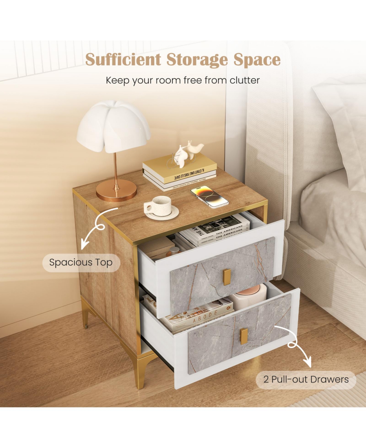 Slickblue Modern Nightstand with 2 Pull-Out Drawers for Bedroom or Living Space