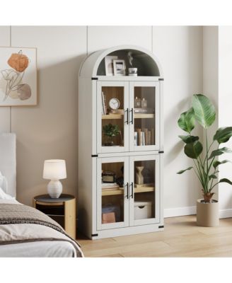 Arched Bookshelf with Doors and Drawers, 71.4 Inch Farmhouse Bookcase, 15.83 Inch Deep Wooden Display Cabinet