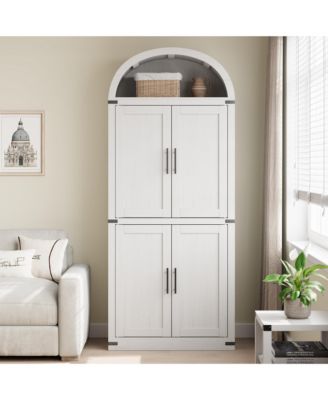 71 Inch Tall Arched Display Cabinet, 5-Tier Bookshelf Modern Farmhouse Arched Bookcase with Wooden Doors