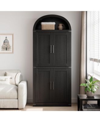 71 Inch Tall Arched Display Cabinet, 5-Tier Bookshelf Modern Farmhouse Arched Bookcase with Wooden Doors