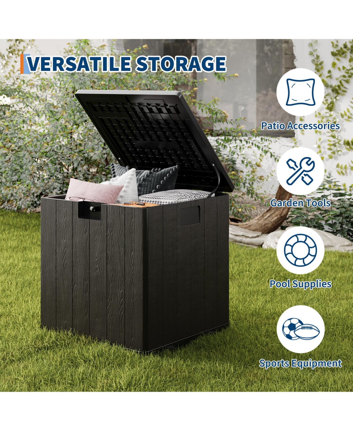 GarveeLife 80 Gallon Resin Deck Box Waterproof Weather Resistant Outdoor Storage Container with Lockable Lid Handles Heavy Duty 350 Lb Capacity
