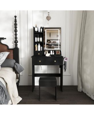 Modern Vanity Desk with LED Mirror, 3 Drawers, Storage Shelves and Stool