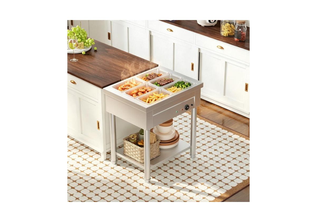 Aecojoy Commercial Food Warmer 1500W Electric Steam Table with 6x6QT Pans and Shelf