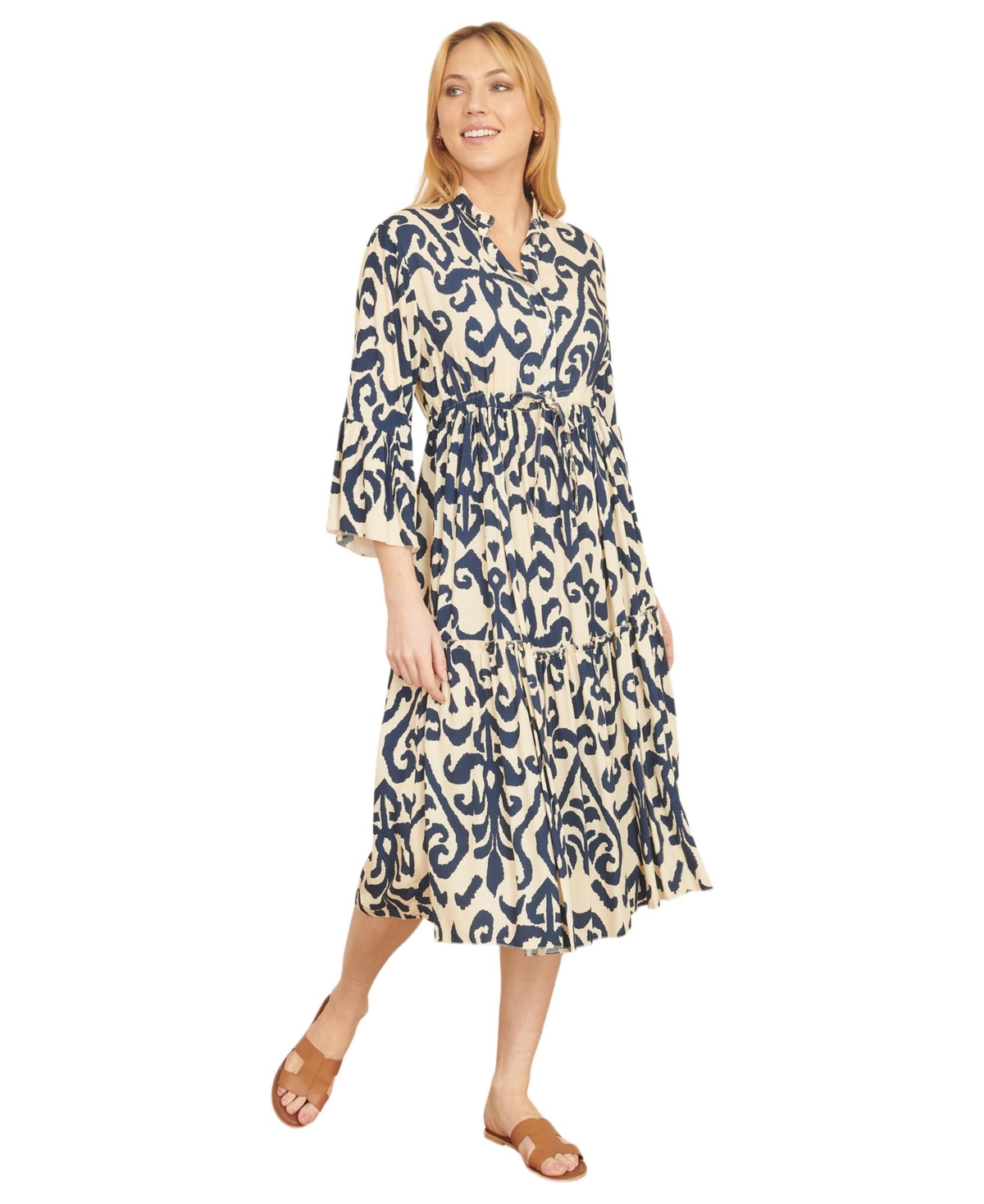 Yumi Women's 3/4 Sleeve Block Print Kaftan Dress