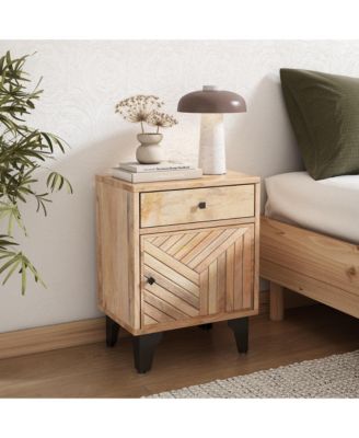 Wood Nightstand, Hand-Carved Line Drawing Design, Bedside Table with Drawer and Metal Legs for Bedroom