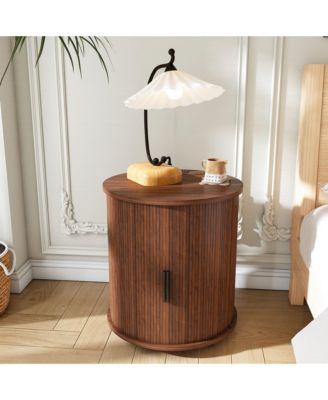 Cylinder Nightstand, Fluted Round End Table with Charging Station and Sliding Door, 2-Tier Storage Bedside Table for Living Room, Bedroom