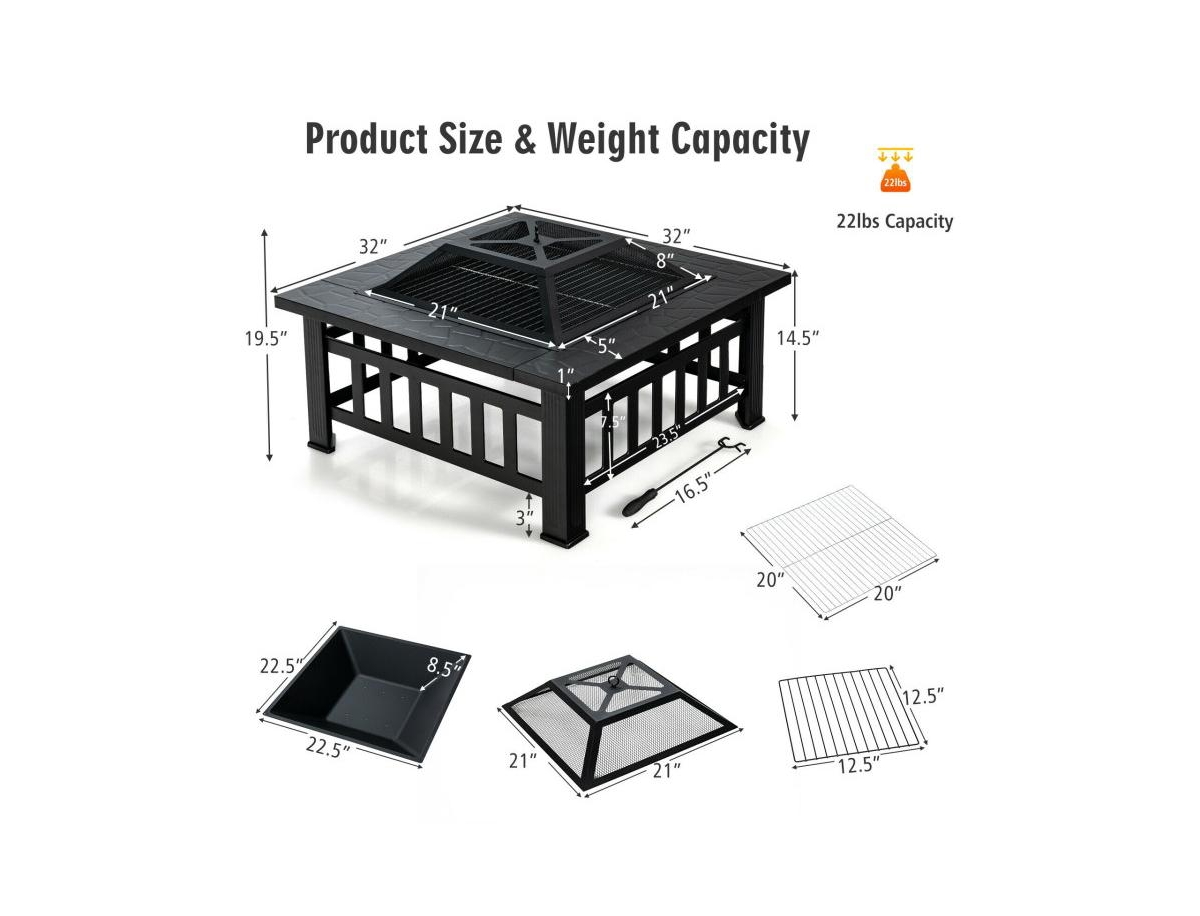 Mondawe 32 Inch 3 in 1 Outdoor Square Fire Pit Table with Bbq Grill and Rain Cover for Camping