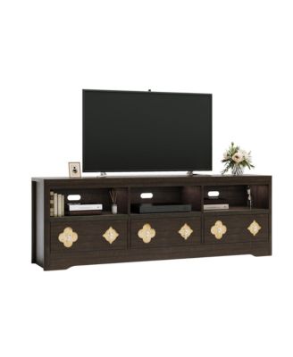 70in TV Stand for TVs Up to 85", Mid Century Modern Entertainment Center with Storage Engraving Drawer and Open Shelves