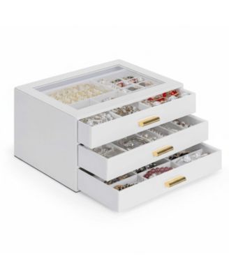 Leather Jewelry Organizer Clear Lid 2 Drawers for Necklace Ring Bracelet Earring