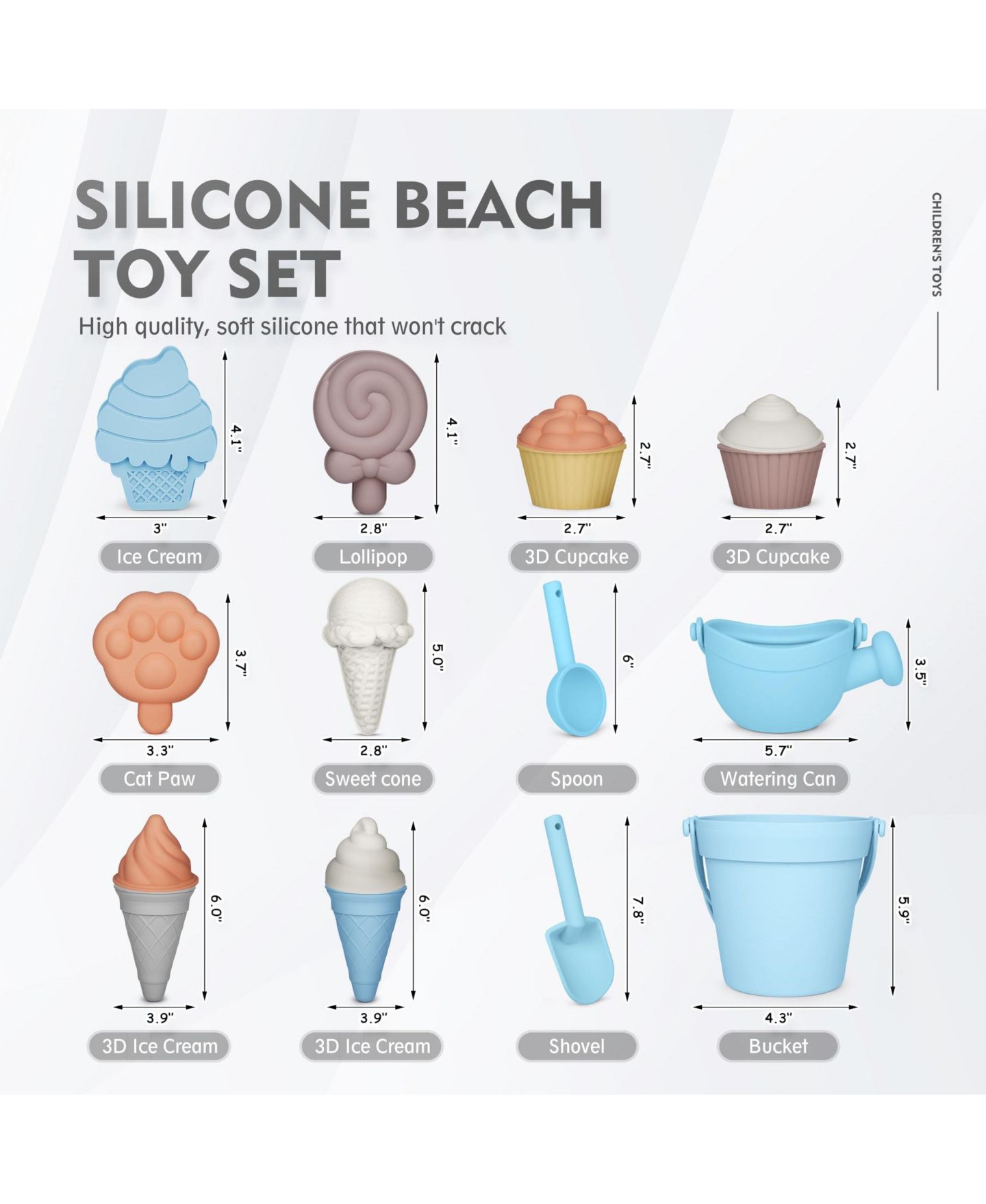 Детские игрушки GNUADZ Silicone Beach Toy Set with Bucket, Watering Can, Shovel & Molds, 14-Piece, Ages 5-7, цвет: Светлый синий — фото 2