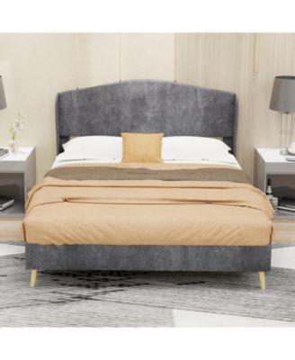 Velvet upholstered bed Frame with Headboard, Sturdy and Durable, Wood Slats, Box Spring Required