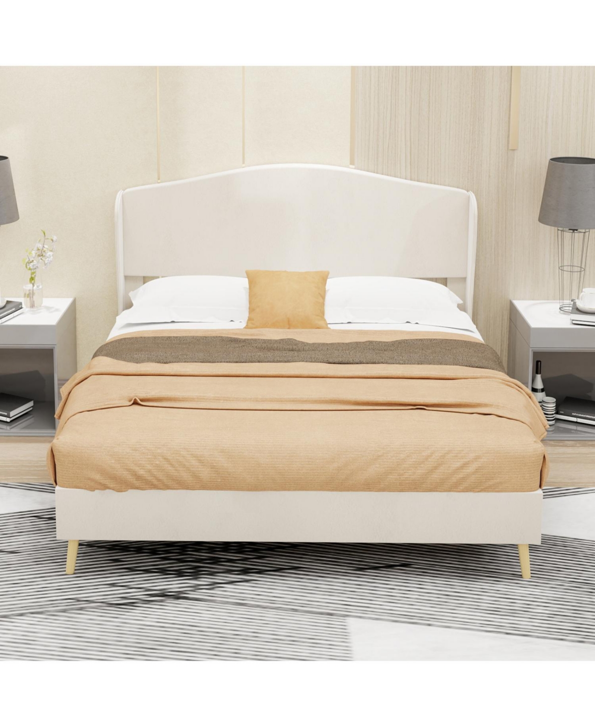 Rainsken Velvet upholstered bed Frame with Headboard, Sturdy and Durable, Wood Slats