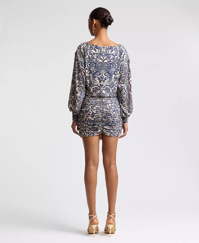 Women's Boat Neck Ruched Printed Mini Dress - thumbnail 8