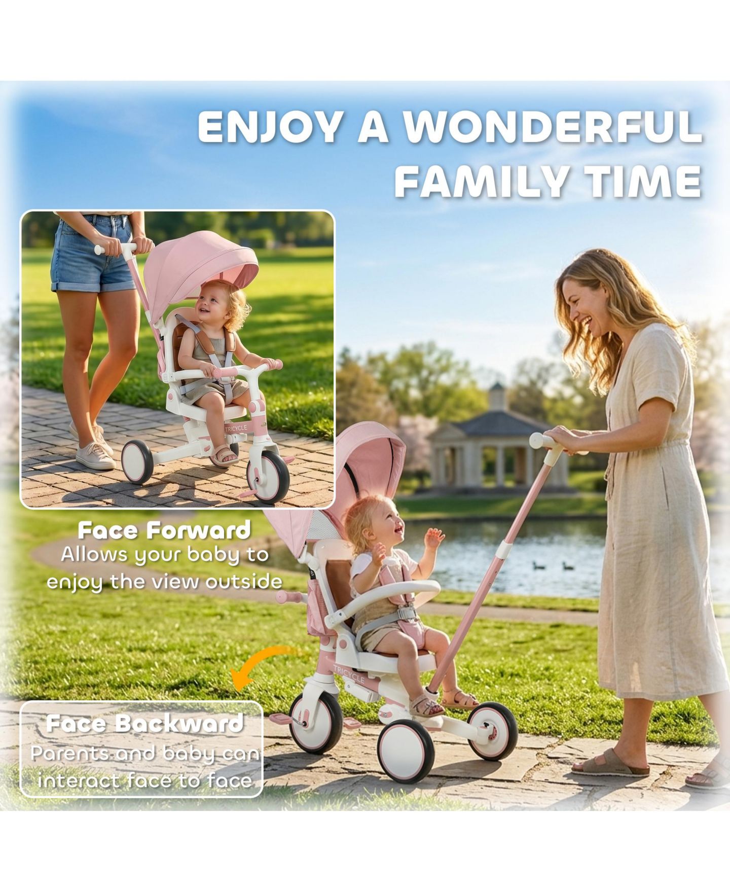Детская игрушка Qaba 7-In-1 Tricycle Stroller with Adjustable Push Handle, Ages 1-5 Years, цвет: Розовый — фото 5