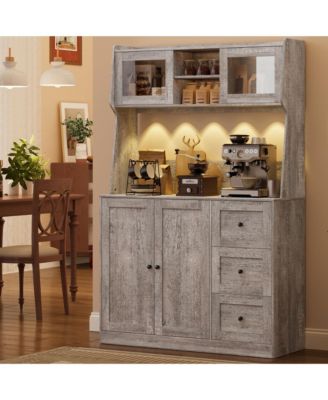 67inch Farmhouse Pantry Cabinet with Microwave Shelf, Kitchen Hutch Storage Cabinet, 3 Drawers and Glass Doors, Coffee Bar Station