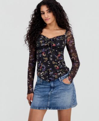 Juniors' Sweetheart-Neck Long-Sleeve Mesh Top