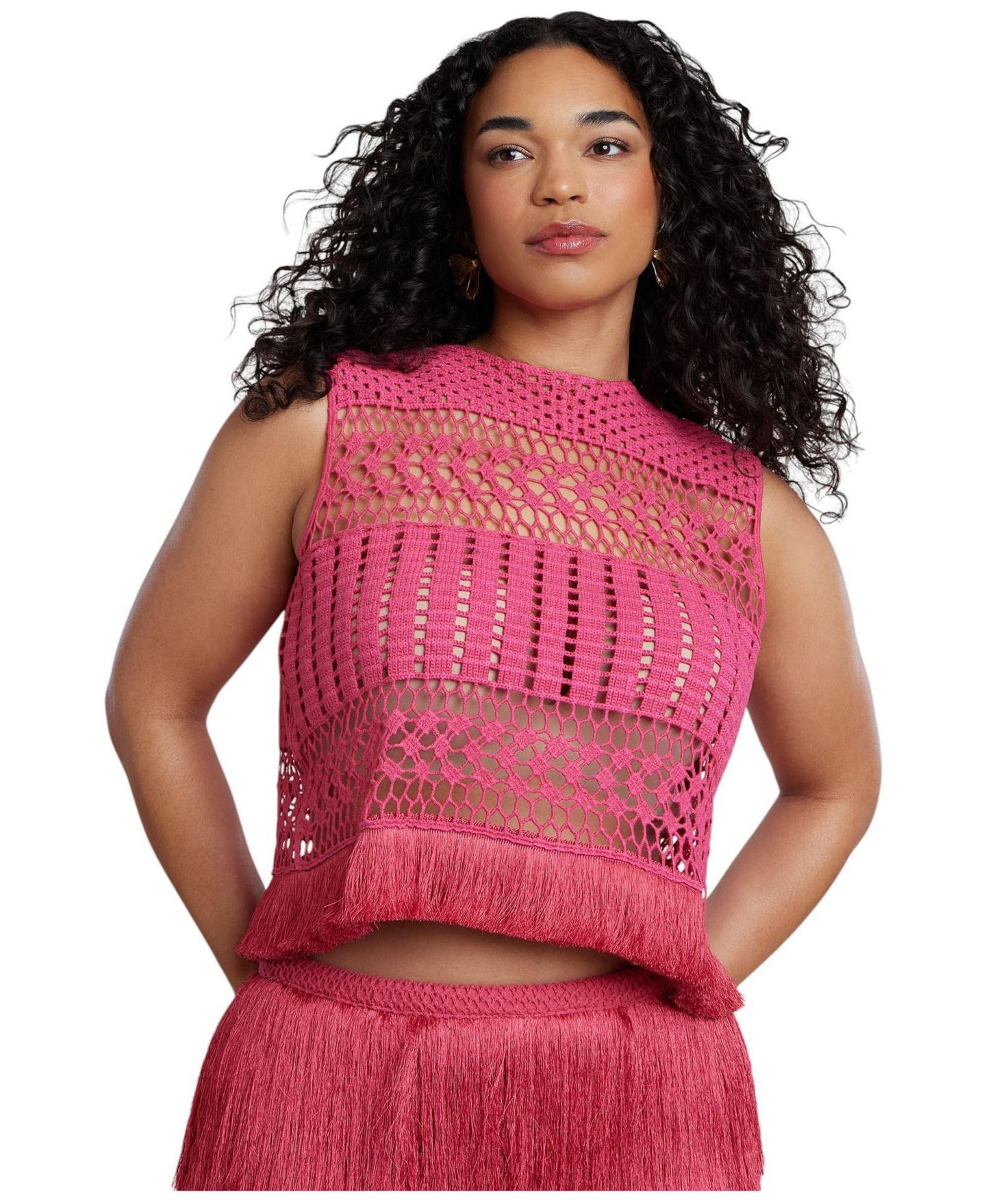 Женский топ ELOQUII Patbo Fringe Detail Crochet, цвет: Яркий розовый — фото 1