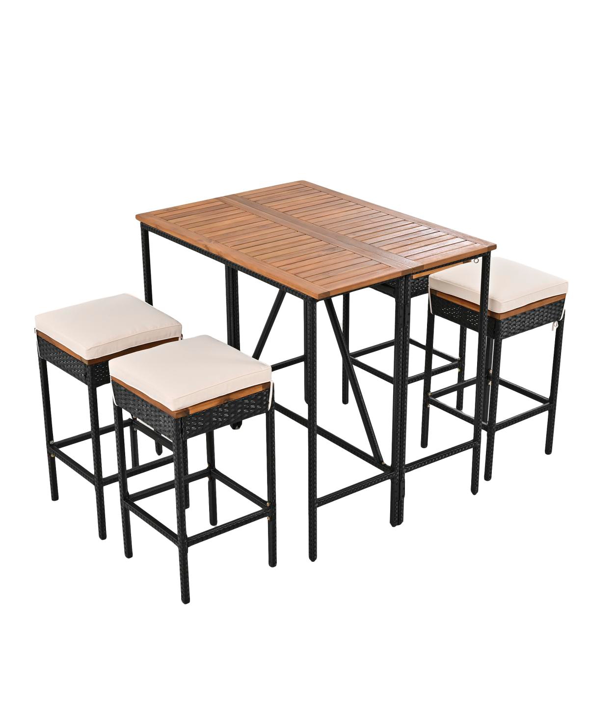 Streamdale Furniture Piece Acacia Wood and Wicker Outdoor Bar Height Dining Set with Cushions