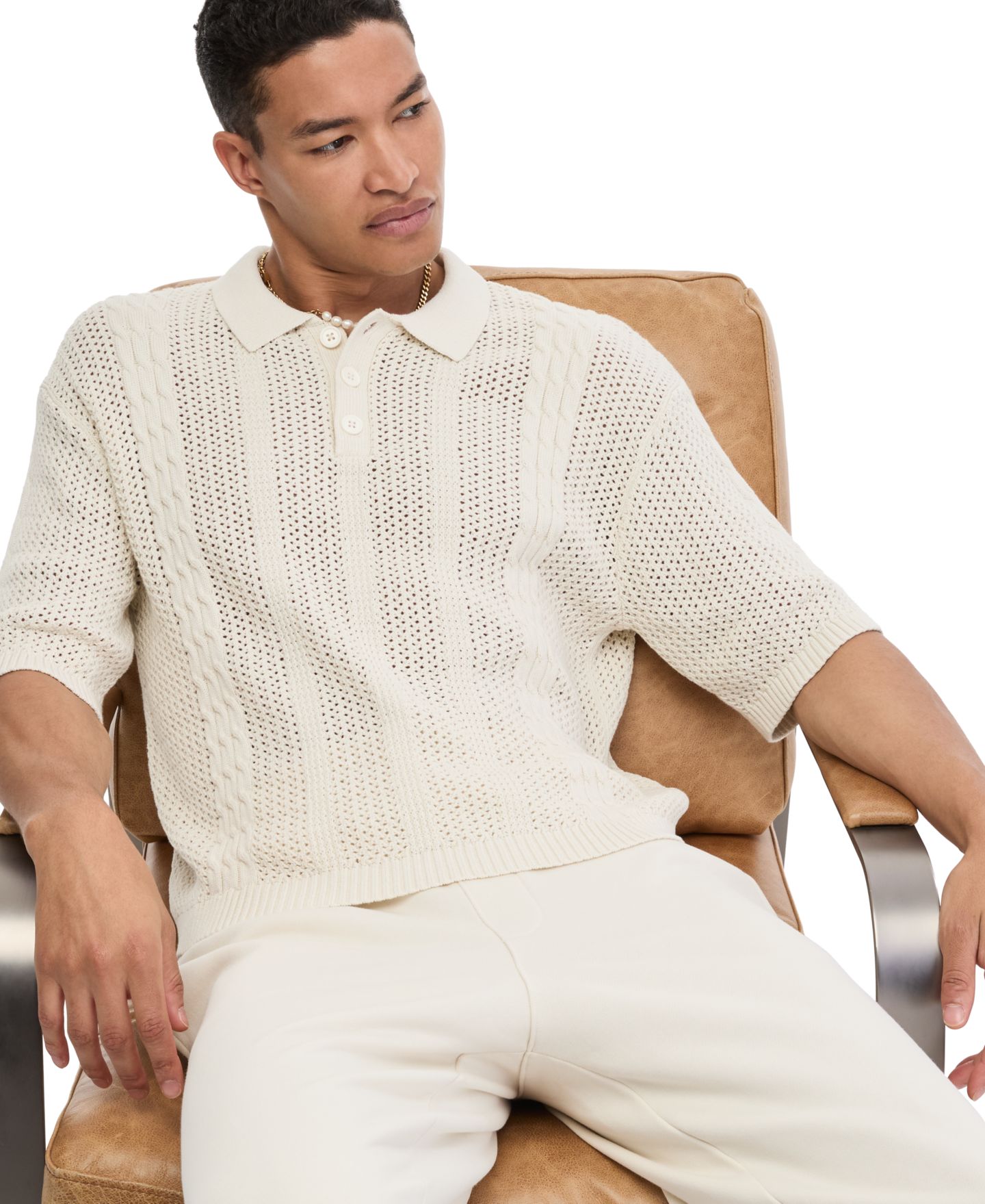 Мужское поло Mode of One Sam Relaxed-Fit Cable-Knit Polo, цвет: Ванильный — фото 2